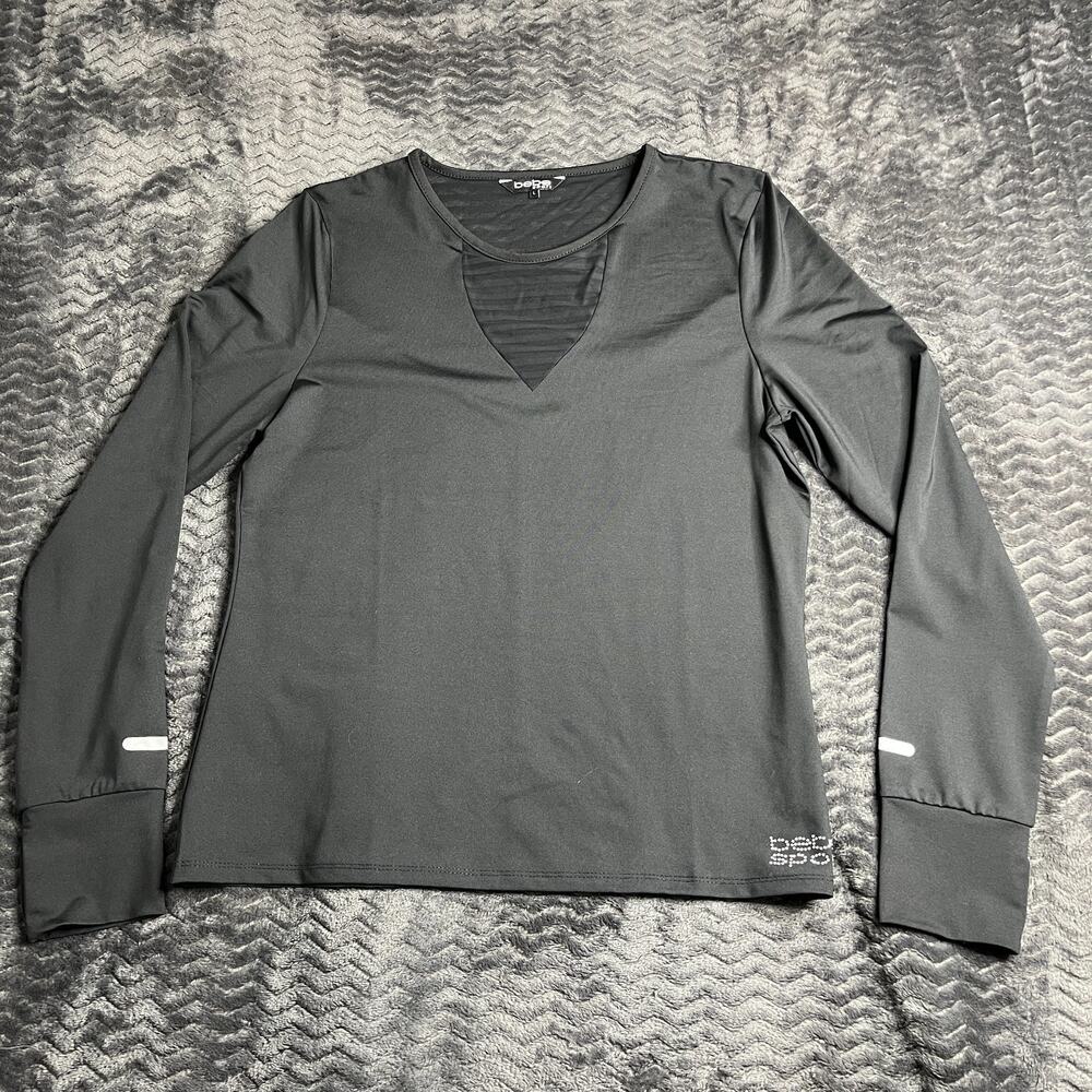 BEBE Sport Long/Thumb Hole Sleeve Round Neck Mash Trim Black Pullover Size L